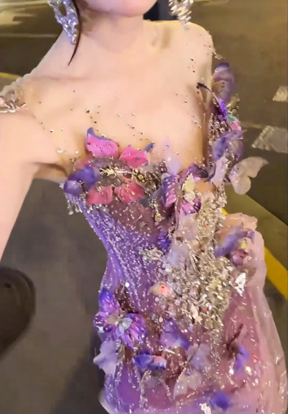 Glam Illusion Neck Purple Prom Dress Appliques Beaded Mermaid Evening Dress GG6498