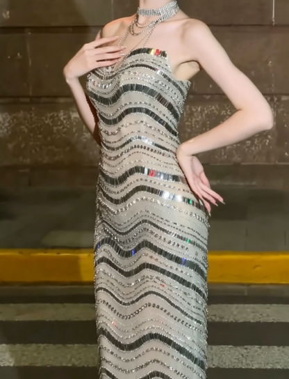 Glamorous Strapless Silver Prom Dress Sequins Sheath Evening Dress GG6502