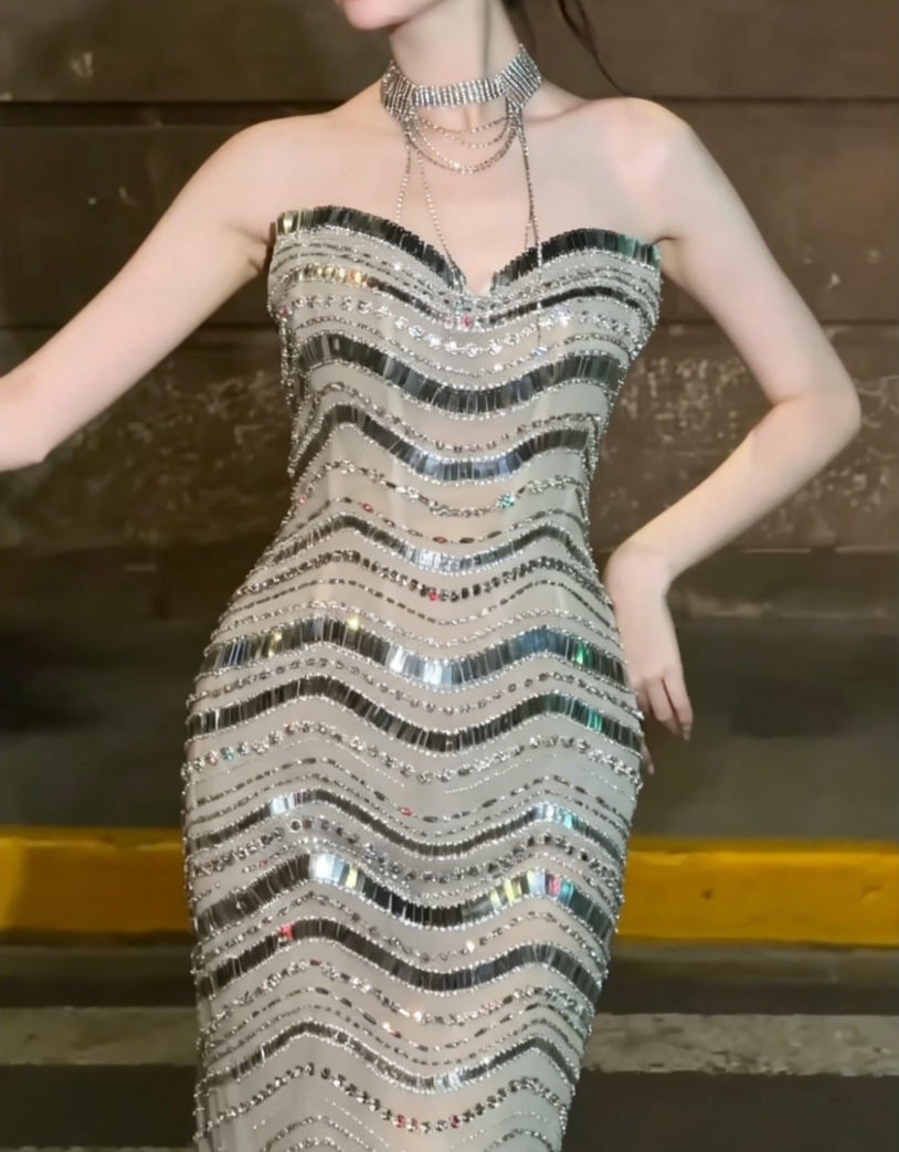 Glamorous Strapless Silver Prom Dress Sequins Sheath Evening Dress GG6502