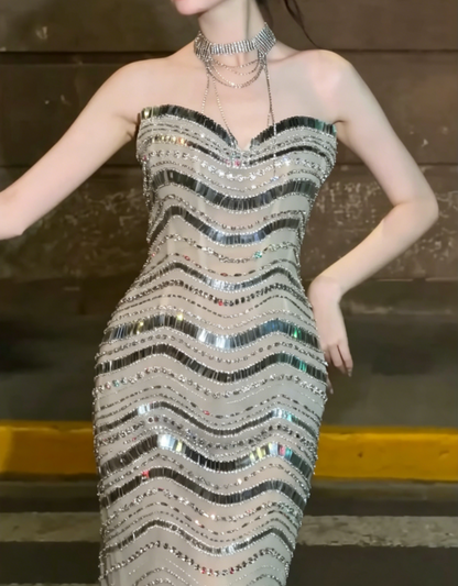 Glamorous Strapless Silver Prom Dress Sequins Sheath Evening Dress GG6502