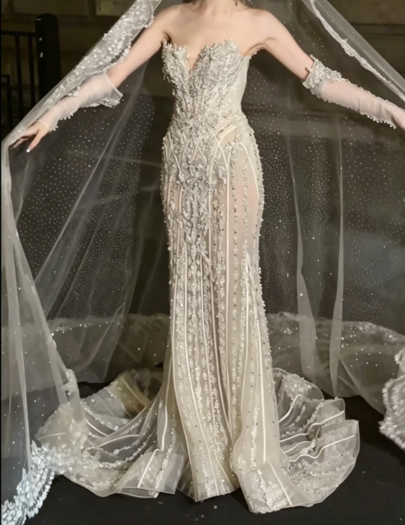 Glittering Strapless Beaded Wedding Dress Rhinestones Mermiad Bridal Dress GG6503