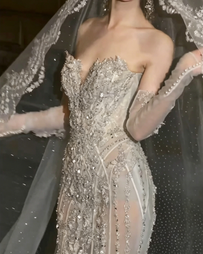 Glittering Strapless Beaded Wedding Dress Rhinestones Mermiad Bridal Dress GG6503