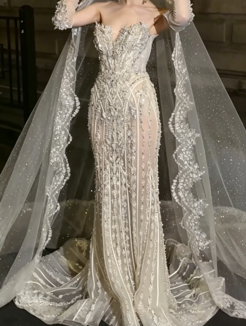 Glittering Strapless Beaded Wedding Dress Rhinestones Mermiad Bridal Dress GG6503