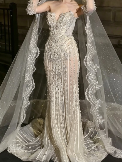 Glittering Strapless Beaded Wedding Dress Rhinestones Mermiad Bridal Dress GG6503