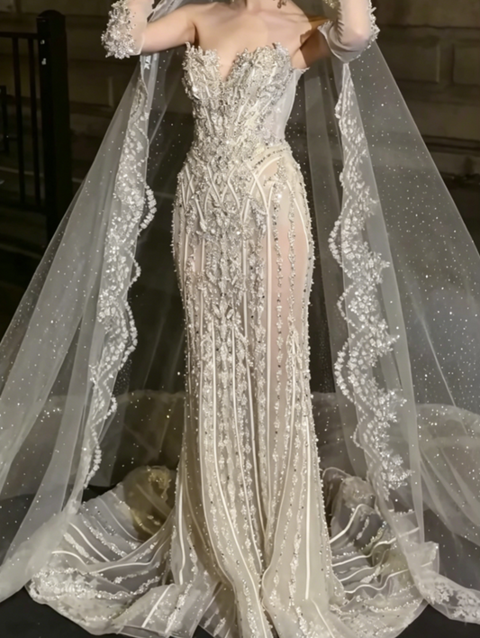Glittering Strapless Beaded Wedding Dress Rhinestones Mermiad Bridal Dress GG6503