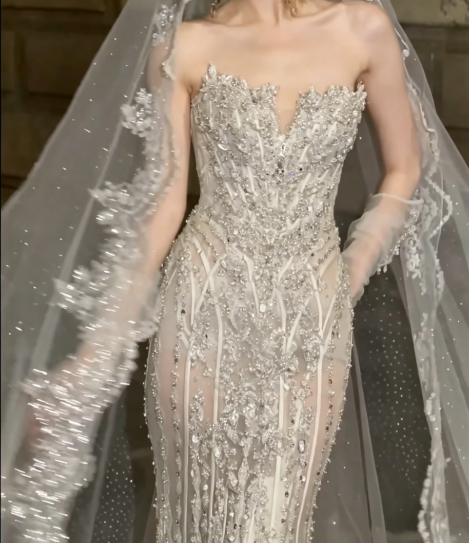 Glittering Strapless Beaded Wedding Dress Rhinestones Mermiad Bridal Dress GG6503