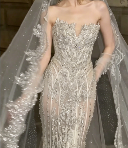 Glittering Strapless Beaded Wedding Dress Rhinestones Mermiad Bridal Dress GG6503