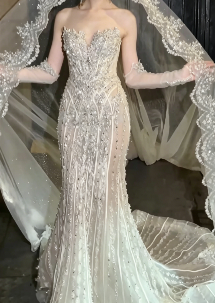 Glittering Strapless Beaded Wedding Dress Rhinestones Mermiad Bridal Dress GG6503