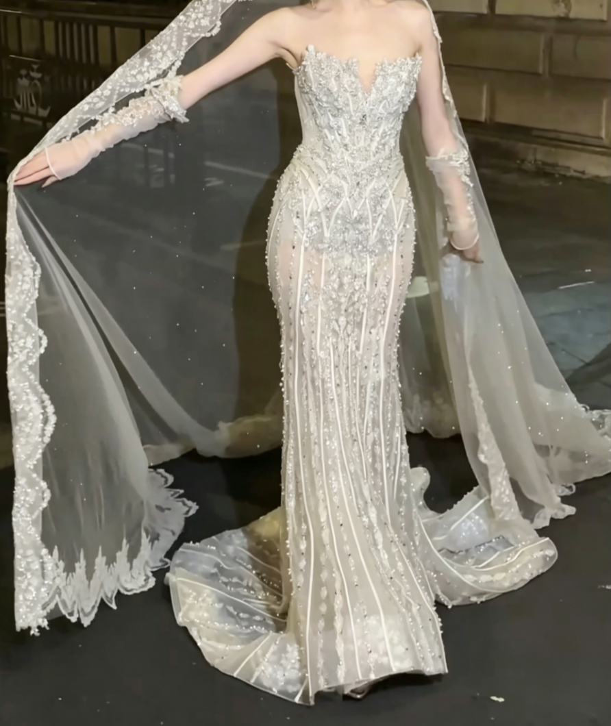 Glittering Strapless Beaded Wedding Dress Rhinestones Mermiad Bridal Dress GG6503
