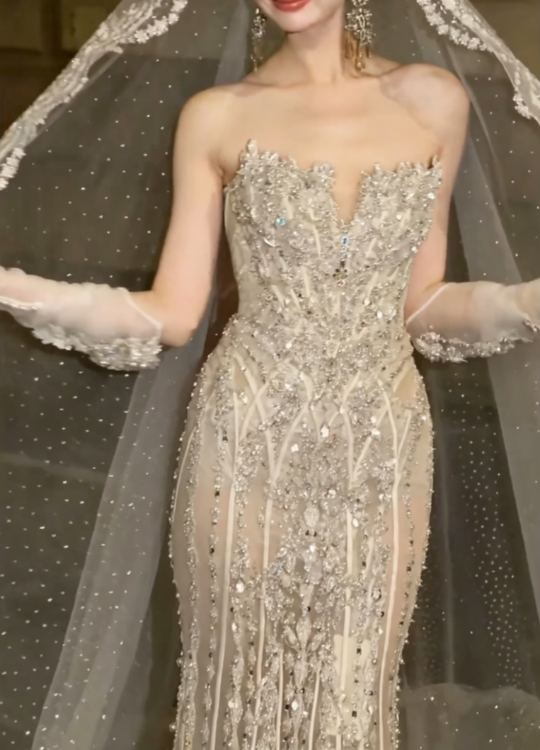 Glittering Strapless Beaded Wedding Dress Rhinestones Mermiad Bridal Dress GG6503