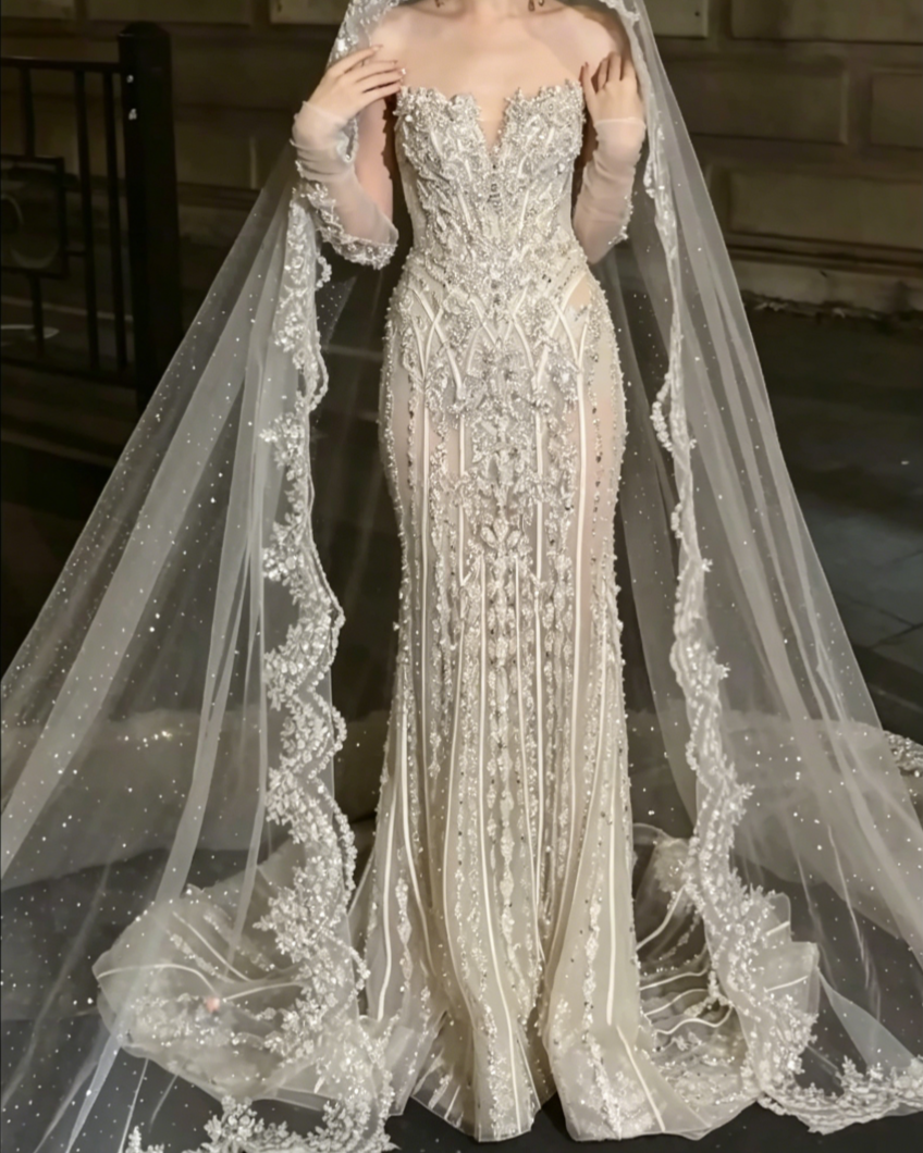 Glittering Strapless Beaded Wedding Dress Rhinestones Mermiad Bridal Dress GG6503