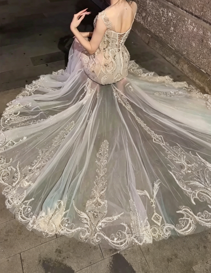 Sparkly Illusion Neck Sequins Prom Dress Beaded Mermaid Evening Dress GG6504