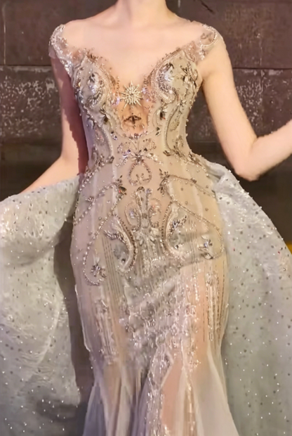Sparkly Illusion Neck Sequins Prom Dress Beaded Mermaid Evening Dress GG6504
