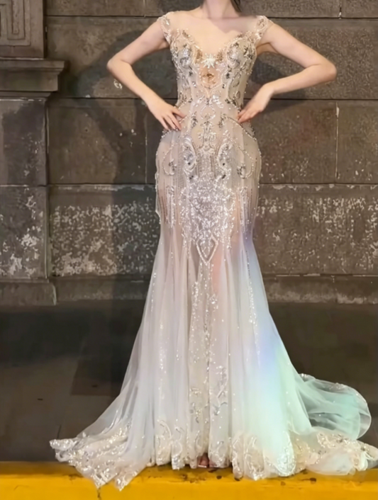 Sparkly Illusion Neck Sequins Prom Dress Beaded Mermaid Evening Dress GG6504