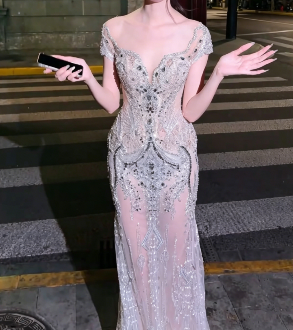 Unique Off-Shoulder Beaded Prom Dress Crystals Sequins Mermaid Evening Dress GG6505