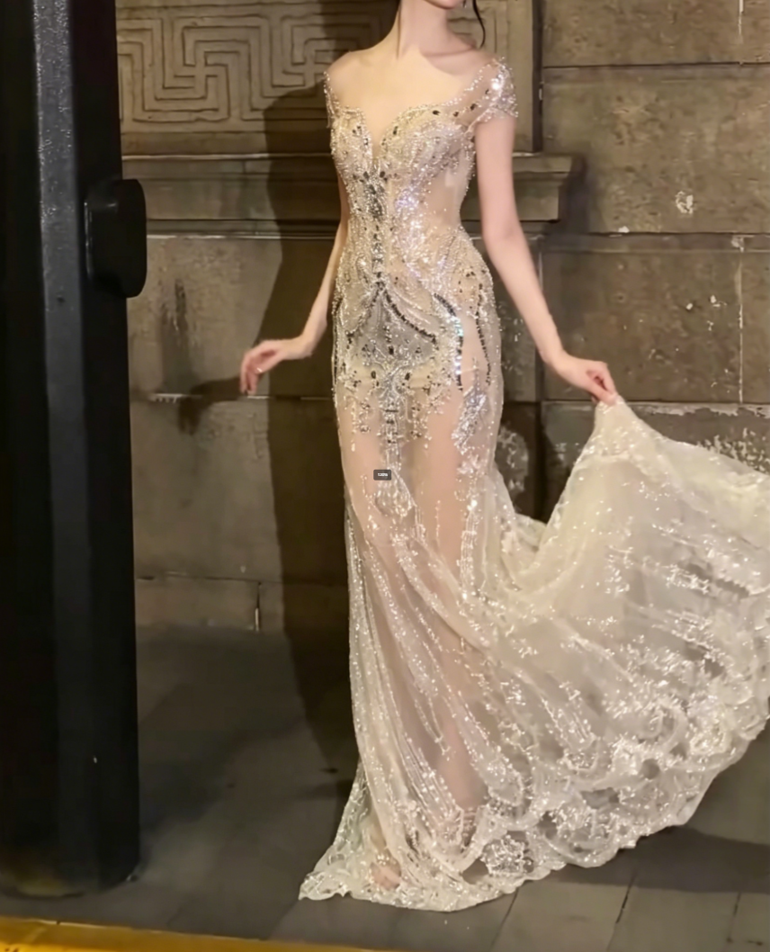 Unique Off-Shoulder Beaded Prom Dress Crystals Sequins Mermaid Evening Dress GG6505