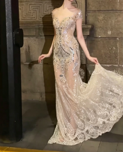 Unique Off-Shoulder Beaded Prom Dress Crystals Sequins Mermaid Evening Dress GG6505