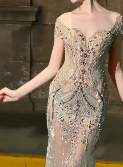 Unique Off-Shoulder Beaded Prom Dress Crystals Sequins Mermaid Evening Dress GG6505