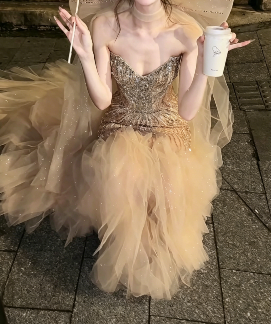 Ornate Strapless Beige Tulle Prom Dress Sequins Crystals Mermaid Evening Dress GG6506