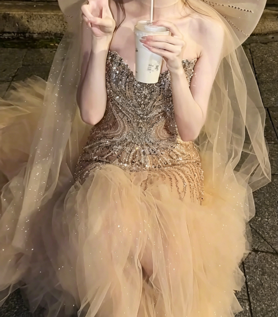 Ornate Strapless Beige Tulle Prom Dress Sequins Crystals Mermaid Evening Dress GG6506