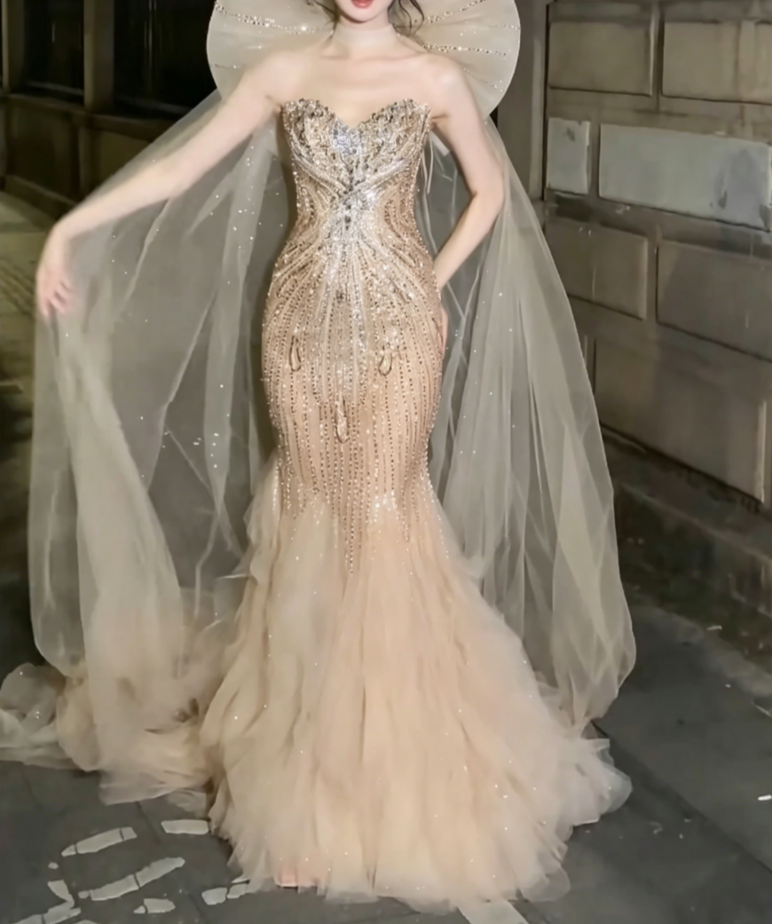 Ornate Strapless Beige Tulle Prom Dress Sequins Crystals Mermaid Evening Dress GG6506