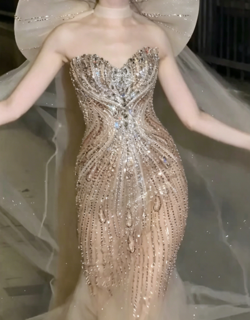 Ornate Strapless Beige Tulle Prom Dress Sequins Crystals Mermaid Evening Dress GG6506