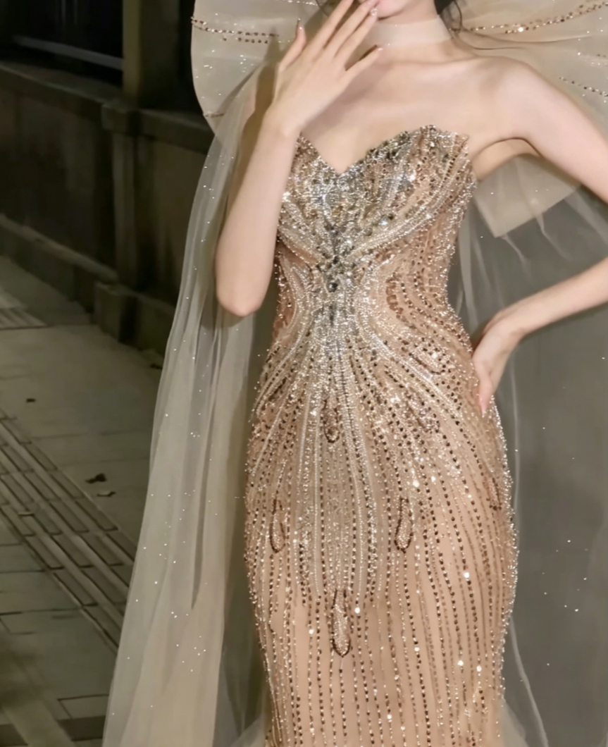 Ornate Strapless Beige Tulle Prom Dress Sequins Crystals Mermaid Evening Dress GG6506