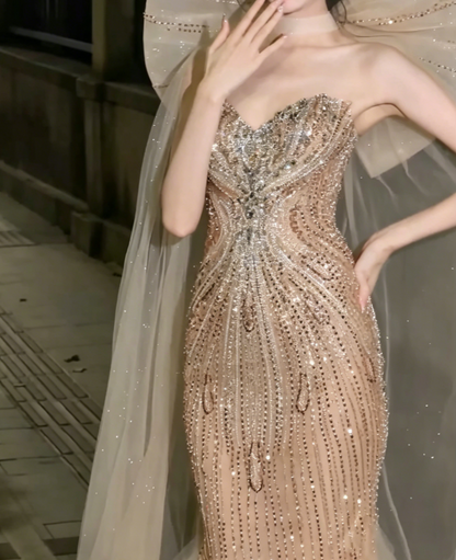 Ornate Strapless Beige Tulle Prom Dress Sequins Crystals Mermaid Evening Dress GG6506