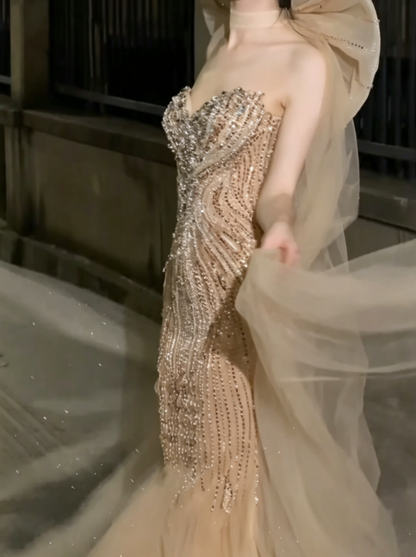 Ornate Strapless Beige Tulle Prom Dress Sequins Crystals Mermaid Evening Dress GG6506