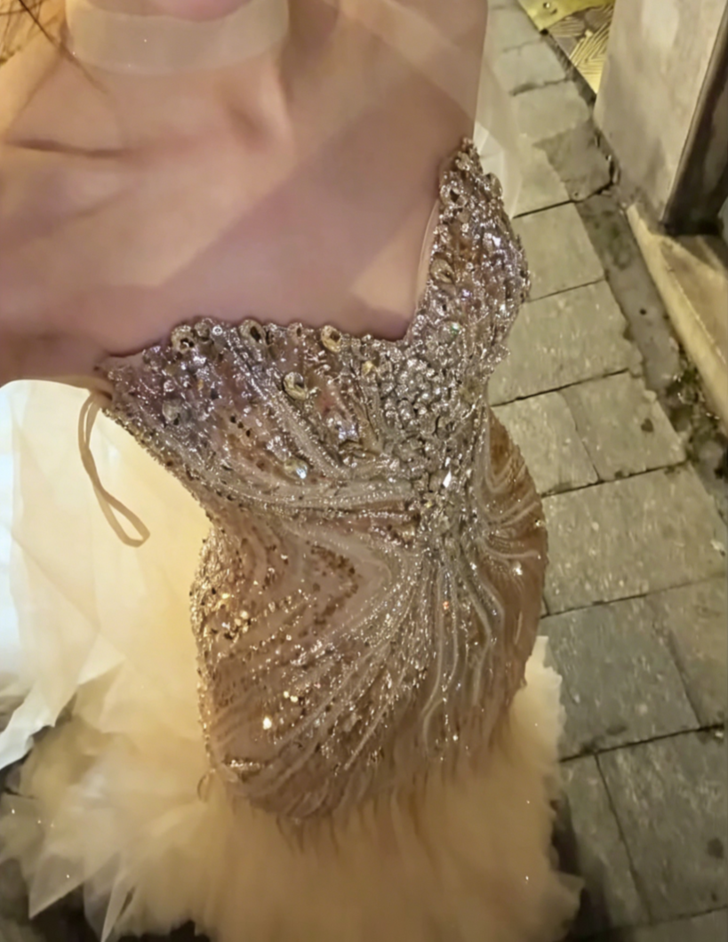 Ornate Strapless Beige Tulle Prom Dress Sequins Crystals Mermaid Evening Dress GG6506