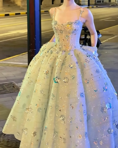 Chic Spaghetti Straps Blue Prom Dress Sequins Floral A-Line Evening Dress GG6507