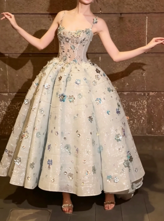 Chic Spaghetti Straps Blue Prom Dress Sequins Floral A-Line Evening Dress GG6507