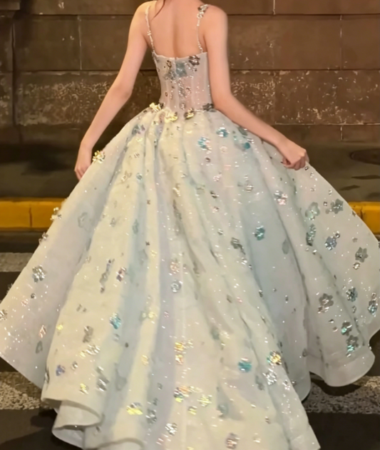 Chic Spaghetti Straps Blue Prom Dress Sequins Floral A-Line Evening Dress GG6507
