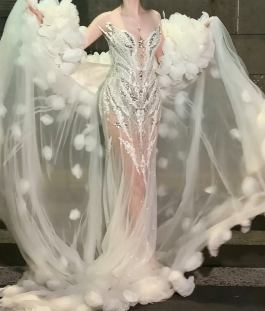 Romantic Illusion Neck Beaded Wedding Dress Rhinestones Sequins Mermiad Bridal Dress GG6508