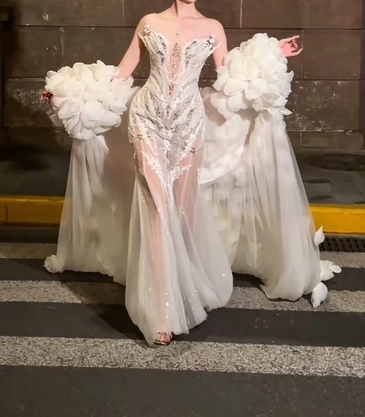 Romantic Illusion Neck Beaded Wedding Dress Rhinestones Sequins Mermiad Bridal Dress GG6508