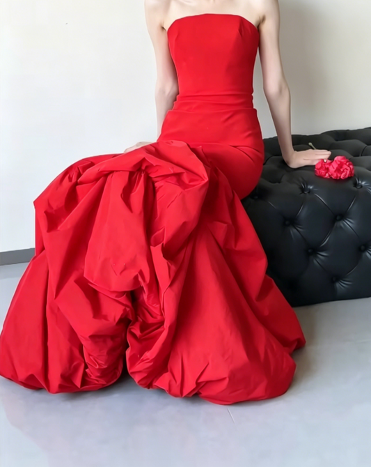 Alluring Strapless Red Prom Dress Ruched Satin Mermaid Evening Dress GG6510