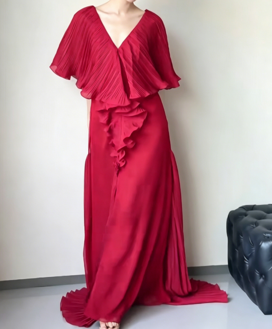 Charming V Neck Red Prom Dress Slit Pleated Ruffles A-Line Evening Dress GG6511