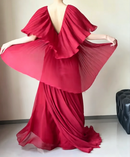 Charming V Neck Red Prom Dress Slit Pleated Ruffles A-Line Evening Dress GG6511
