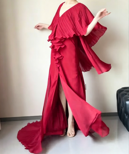 Charming V Neck Red Prom Dress Slit Pleated Ruffles A-Line Evening Dress GG6511