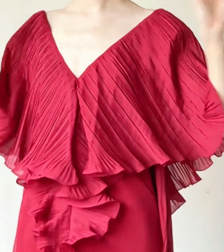 Charming V Neck Red Prom Dress Slit Pleated Ruffles A-Line Evening Dress GG6511