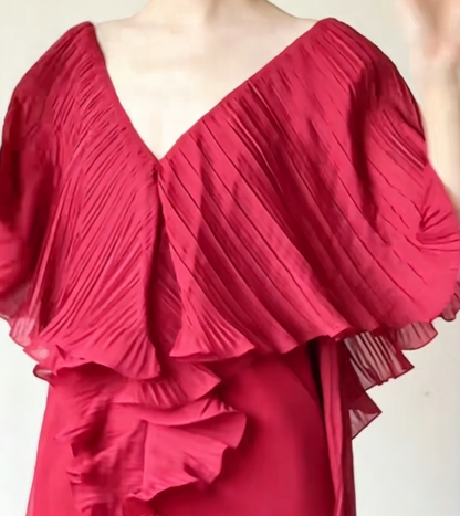 Charming V Neck Red Prom Dress Slit Pleated Ruffles A-Line Evening Dress GG6511