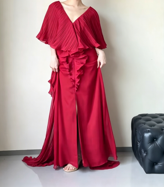 Charming V Neck Red Prom Dress Slit Pleated Ruffles A-Line Evening Dress GG6511