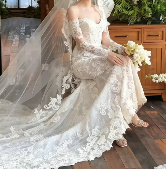 Chic Off-Shoulder Lace Wedding Dress Long Sleeve Mermiad Bridal Dress GG6512