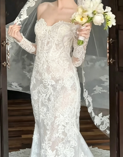 Chic Off-Shoulder Lace Wedding Dress Long Sleeve Mermiad Bridal Dress GG6512