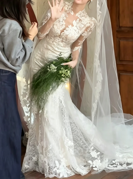 Elegant V Neck Appliques Wedding Dress Long Sleeve Mermiad Bridal Dress GG6513