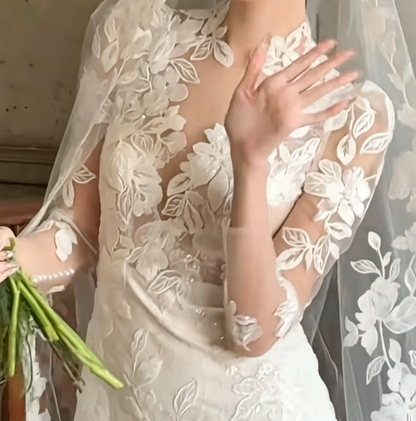 Elegant V Neck Appliques Wedding Dress Long Sleeve Mermiad Bridal Dress GG6513
