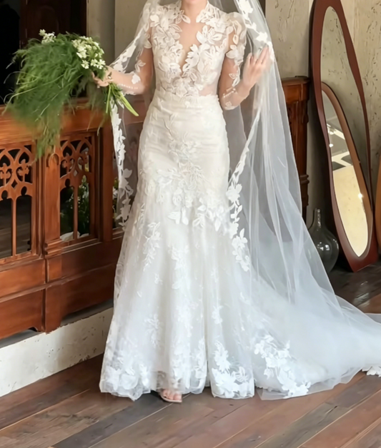 Elegant V Neck Appliques Wedding Dress Long Sleeve Mermiad Bridal Dress GG6513