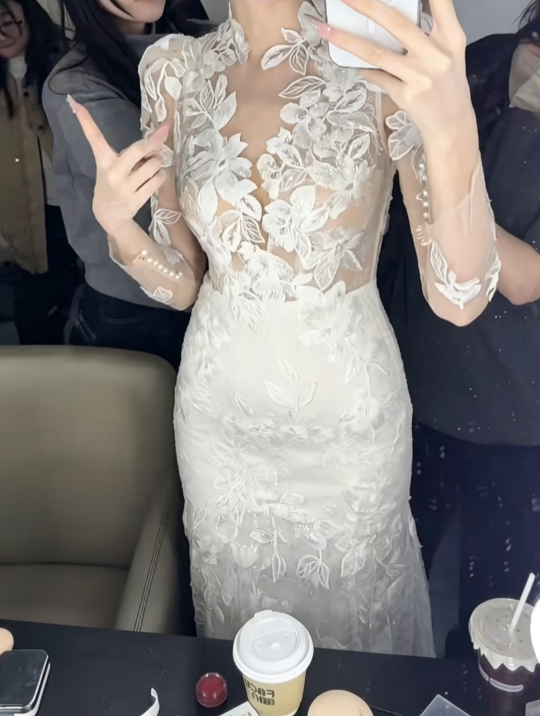 Elegant V Neck Appliques Wedding Dress Long Sleeve Mermiad Bridal Dress GG6513