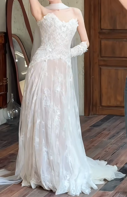 Glam Strapless Lace Wedding Dress With Scarf Tulle A-Line Bridal Dress GG6514