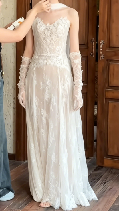 Glam Strapless Lace Wedding Dress With Scarf Tulle A-Line Bridal Dress GG6514